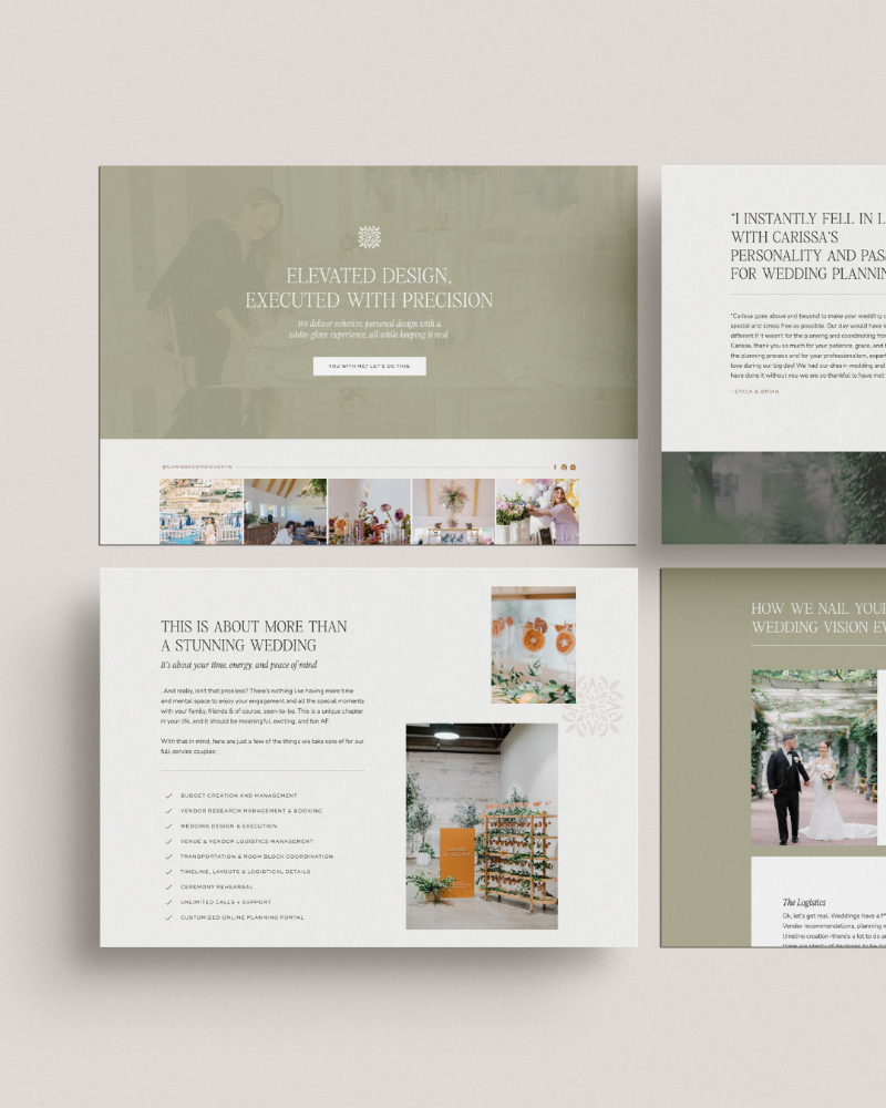 Wedding website page layouts showing writing website copy with elegant design and soft, neutral tones