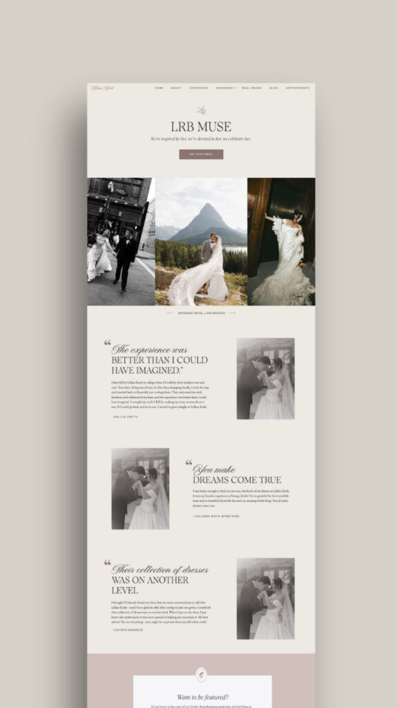 Elegant wedding website homepage with refined layout and imagery, showcasing thoughtful website updates for a high-end brand