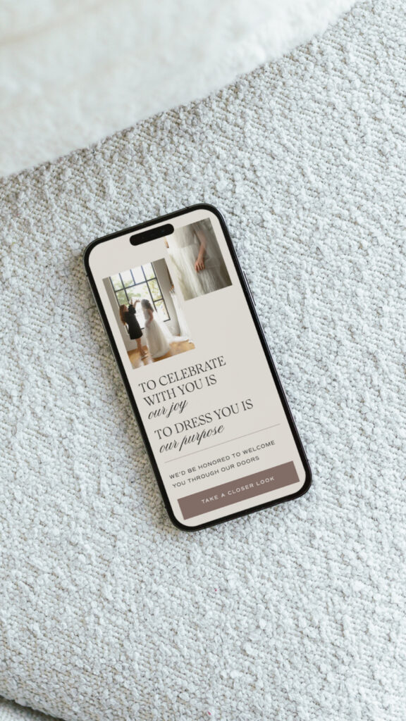 Mobile wedding website design on phone screen with elegant typography, soft tones, and refined layout