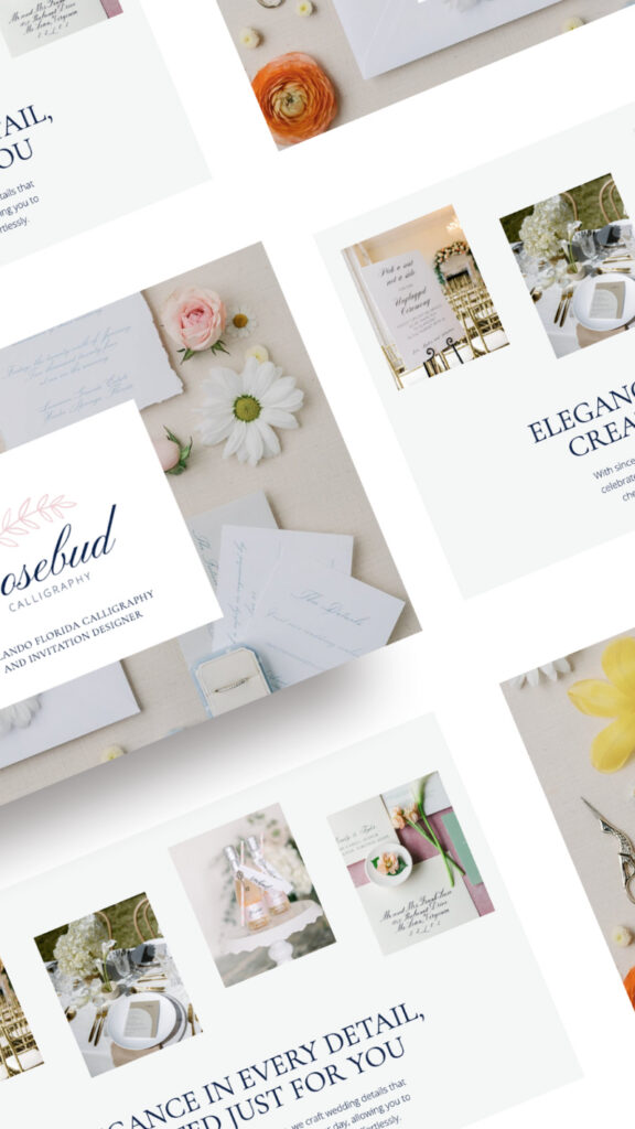 Beautiful website design for wedding stationery brand displayed through elegant Showit website mockups and laptop screen.
