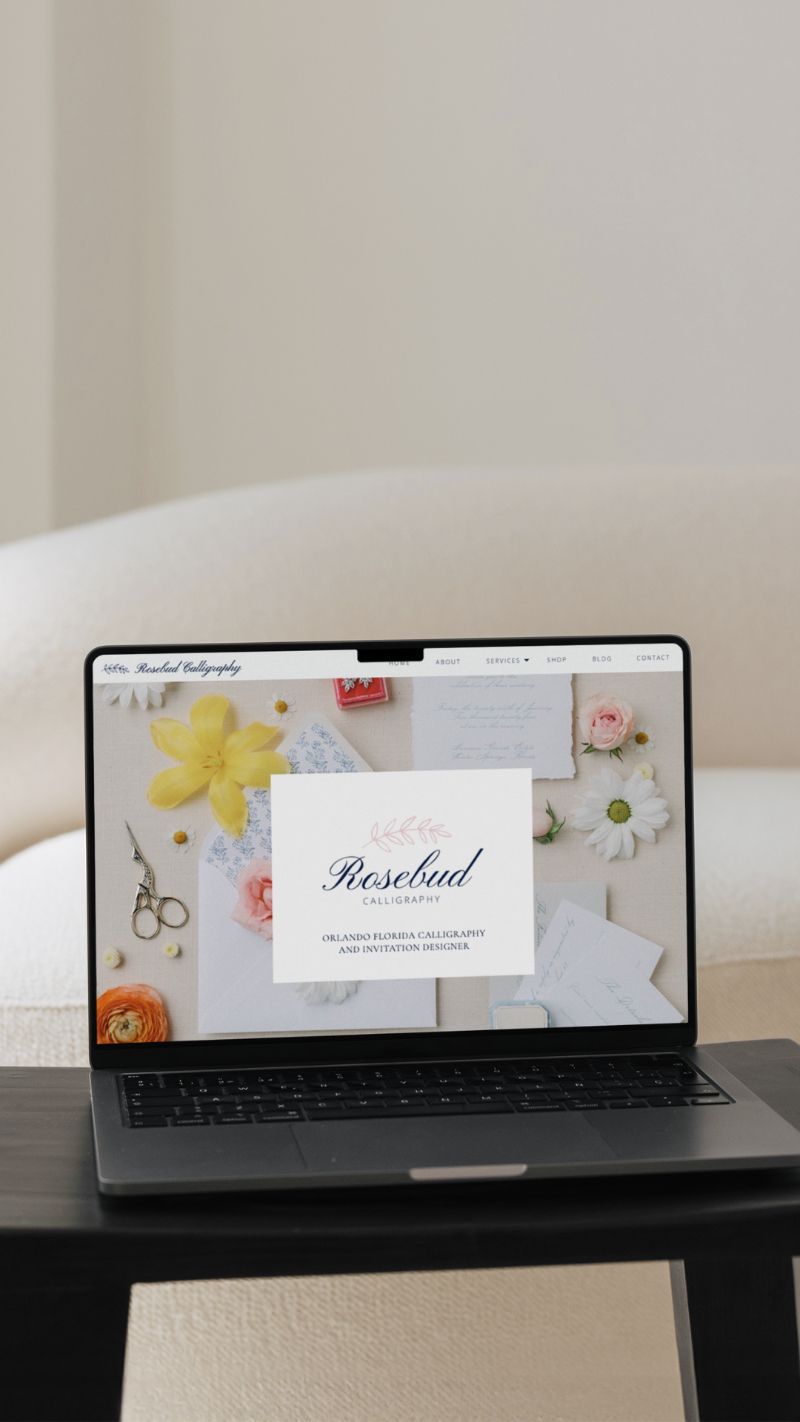 Beautiful website design for wedding stationery brand displayed through elegant Showit website mockups and laptop screen.