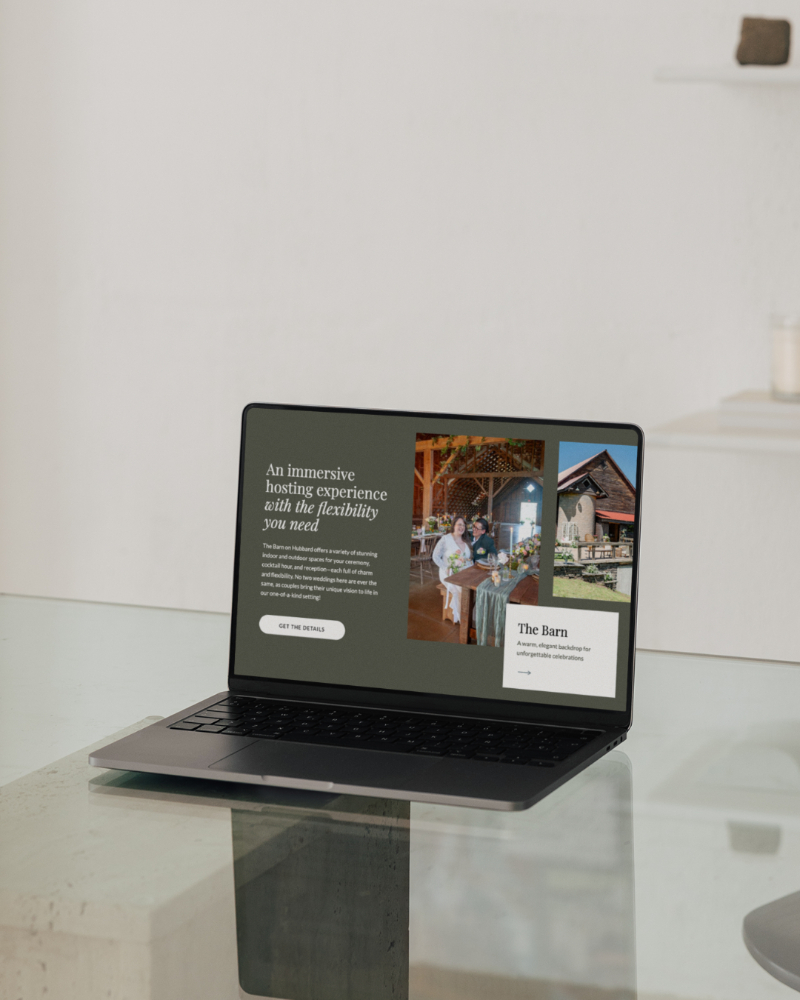 Mockups showcasing elegant wedding venue branding, storytelling copy, and polished user experience.