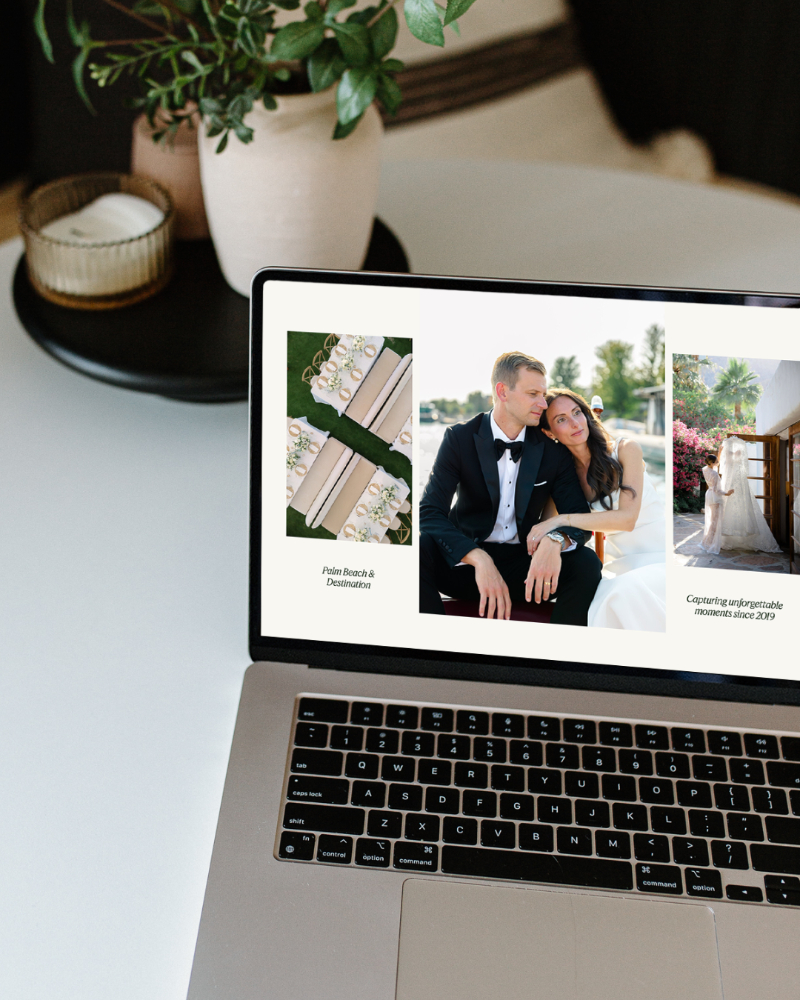 Laptop displaying wedding photographer portfolio with clean editorial layout and romantic wedding imagery