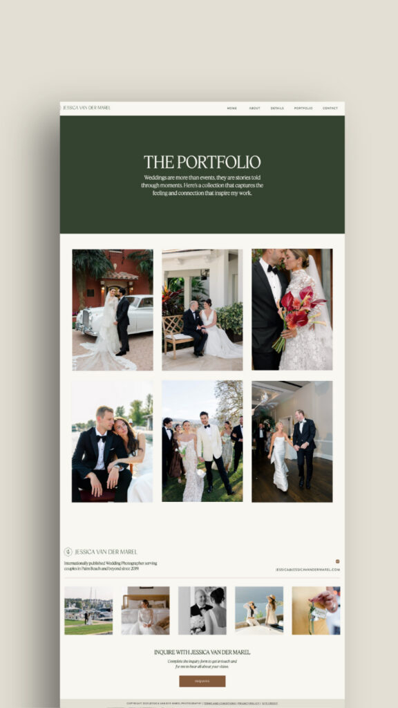 Wedding photographer portfolio page with clean gallery layout and refined Showit website design during engagement season