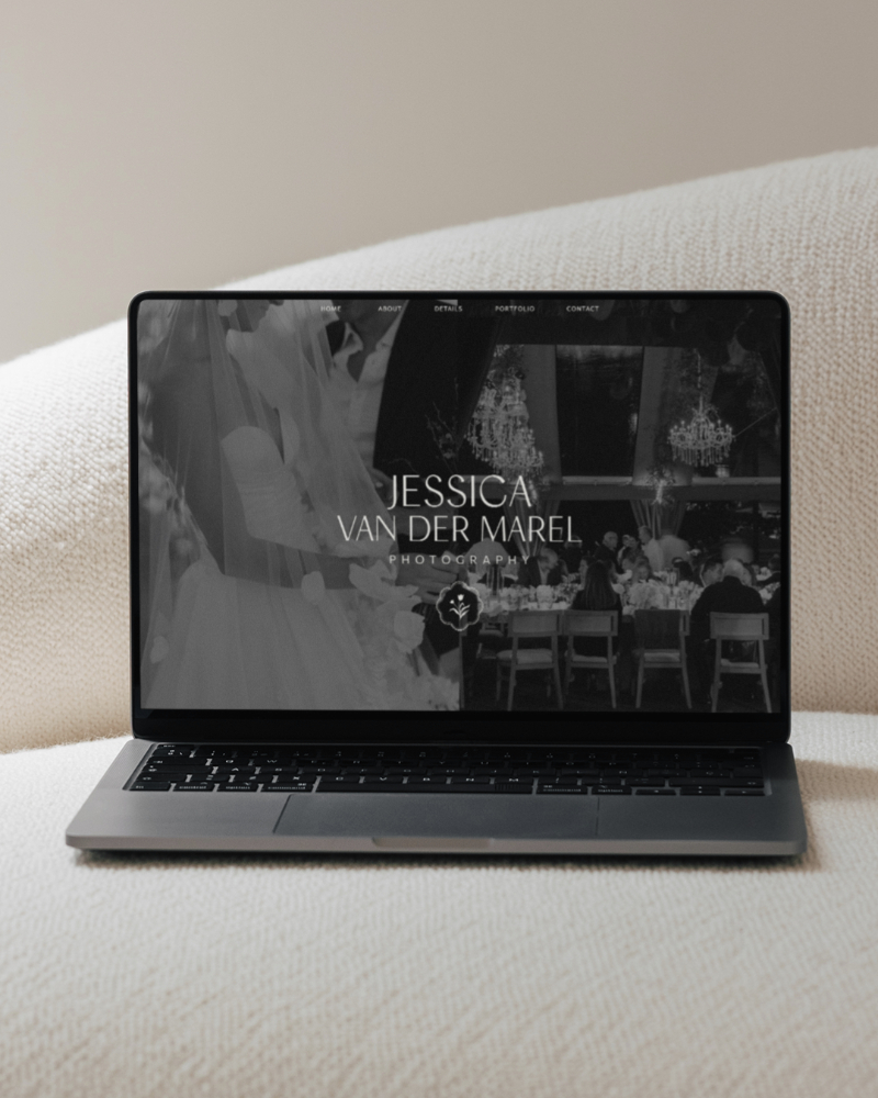 Website mistakes shown on laptop displaying wedding website homepage with elegant, minimal design and refined branding.