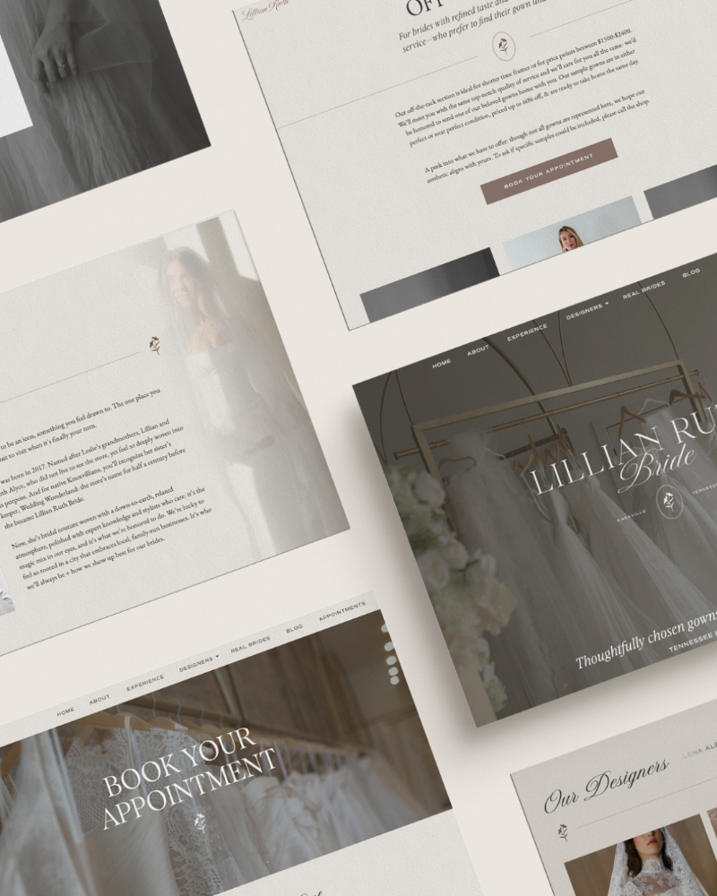 Wedding boutique website mockups illustrating design flexibility in the Showit vs WordPress discussion