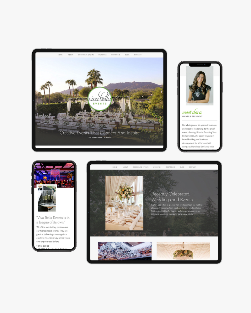 Responsive website design shown across desktop and mobile devices for a wedding business
