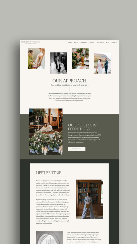 Showit website builder wedding planner website featuring custom homepage design, imagery, and branding.