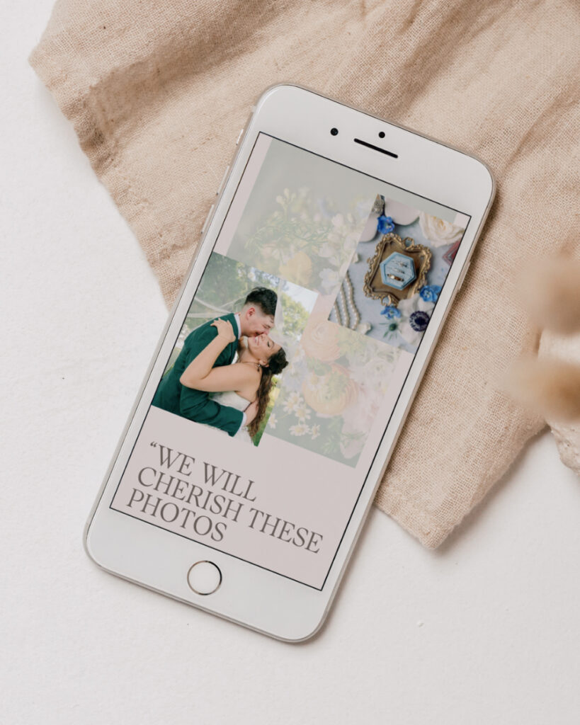 Photography website displayed on a smartphone with wedding imagery and custom branding.
